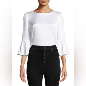 Alice + Olivia Bernice white Satin long sleeve Blouse with‎ ruffle sleeves